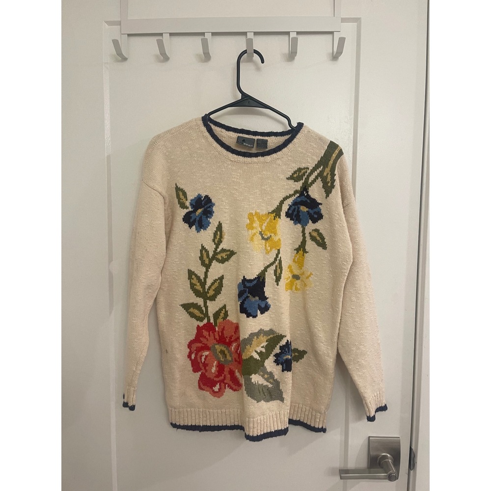 Vintage 90s Butter Mom Knit Flower Sweater Cottagecore GrandmaCore